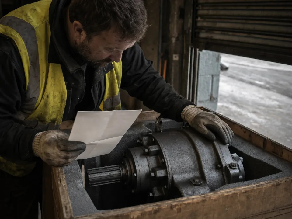 Storeman checking a crated gearbox against its supplier certificate at goods-in
