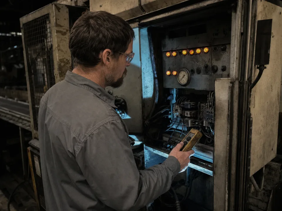 Test engineer at an open control cabinet during a factory acceptance test