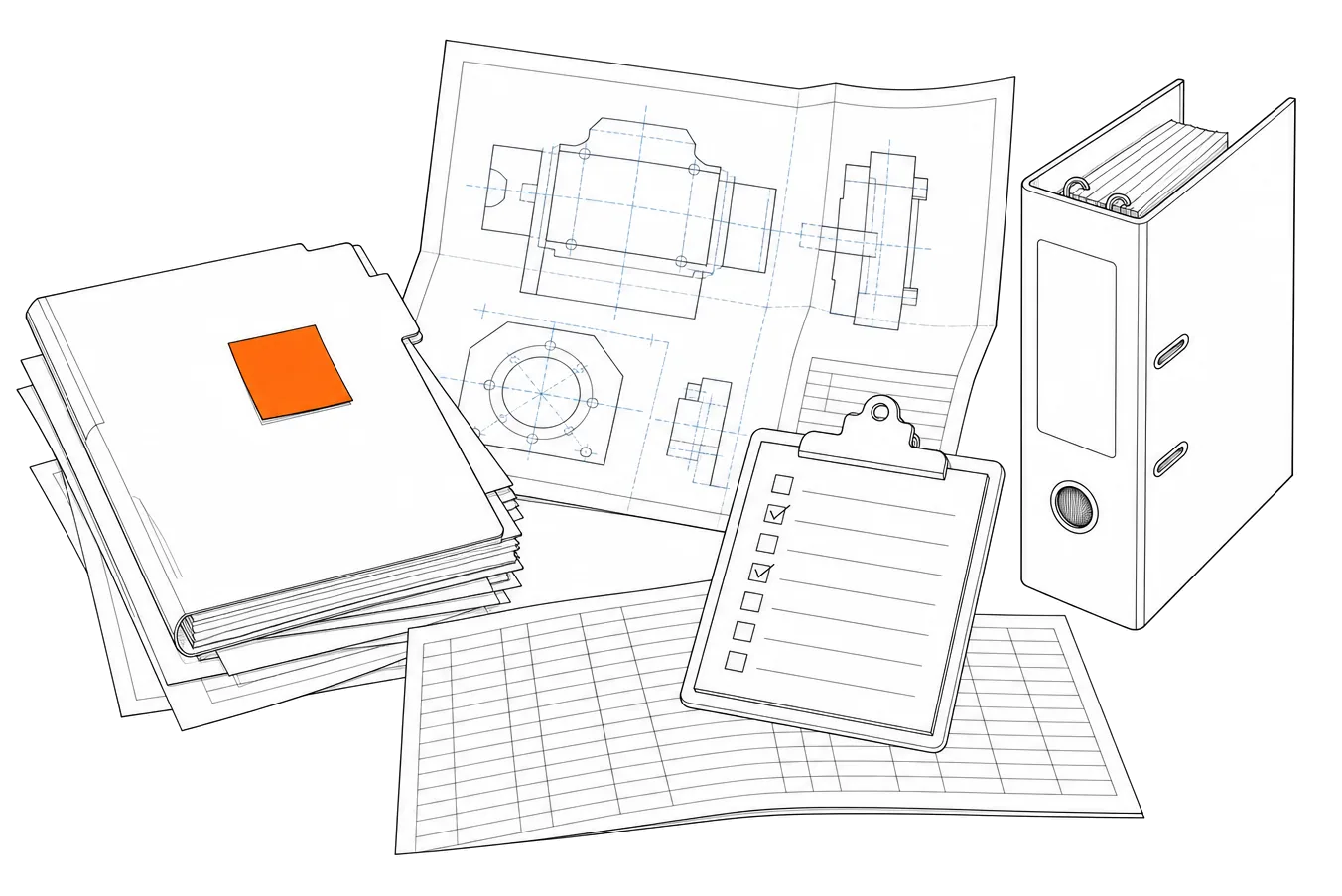 Illustration of a machine build's job folder, drawing, test checklist and binder on a bench