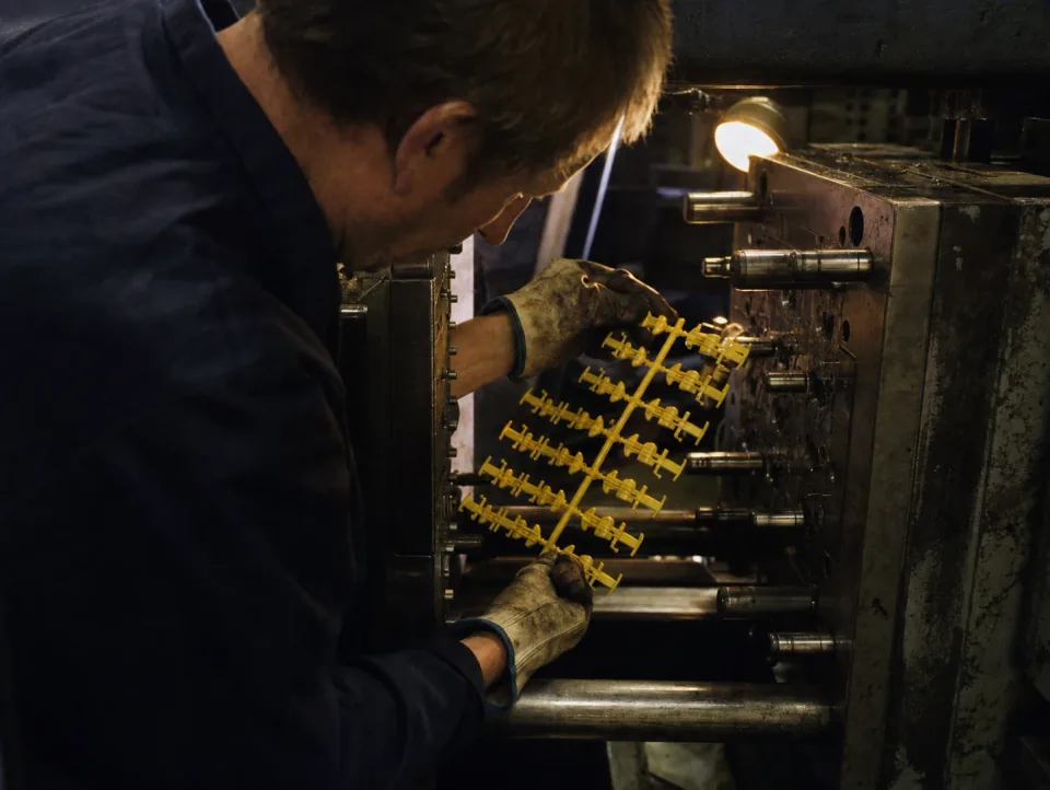 Setter checking a freshly ejected moulding at an open press platen