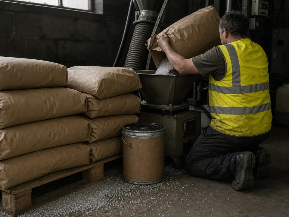 Sacks of resin pellets and a masterbatch drum on a pallet in a material store