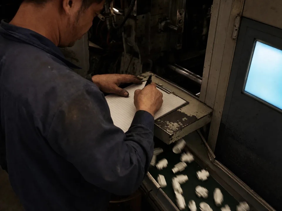 Operator writing on a clipboard shot log beside a running injection press