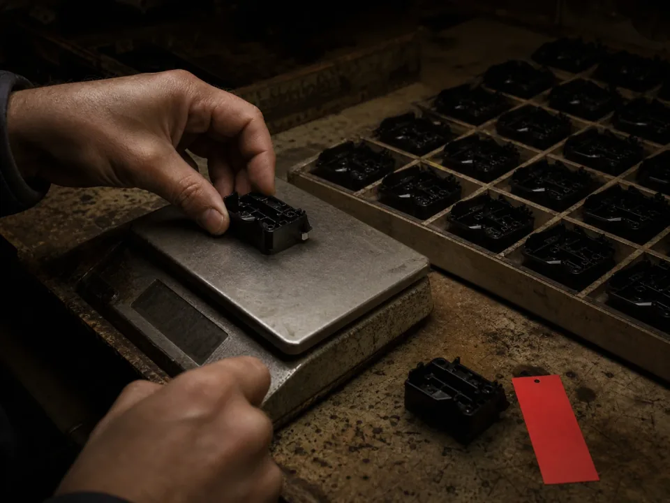 Quality technician weighing a moulded part on a bench scale