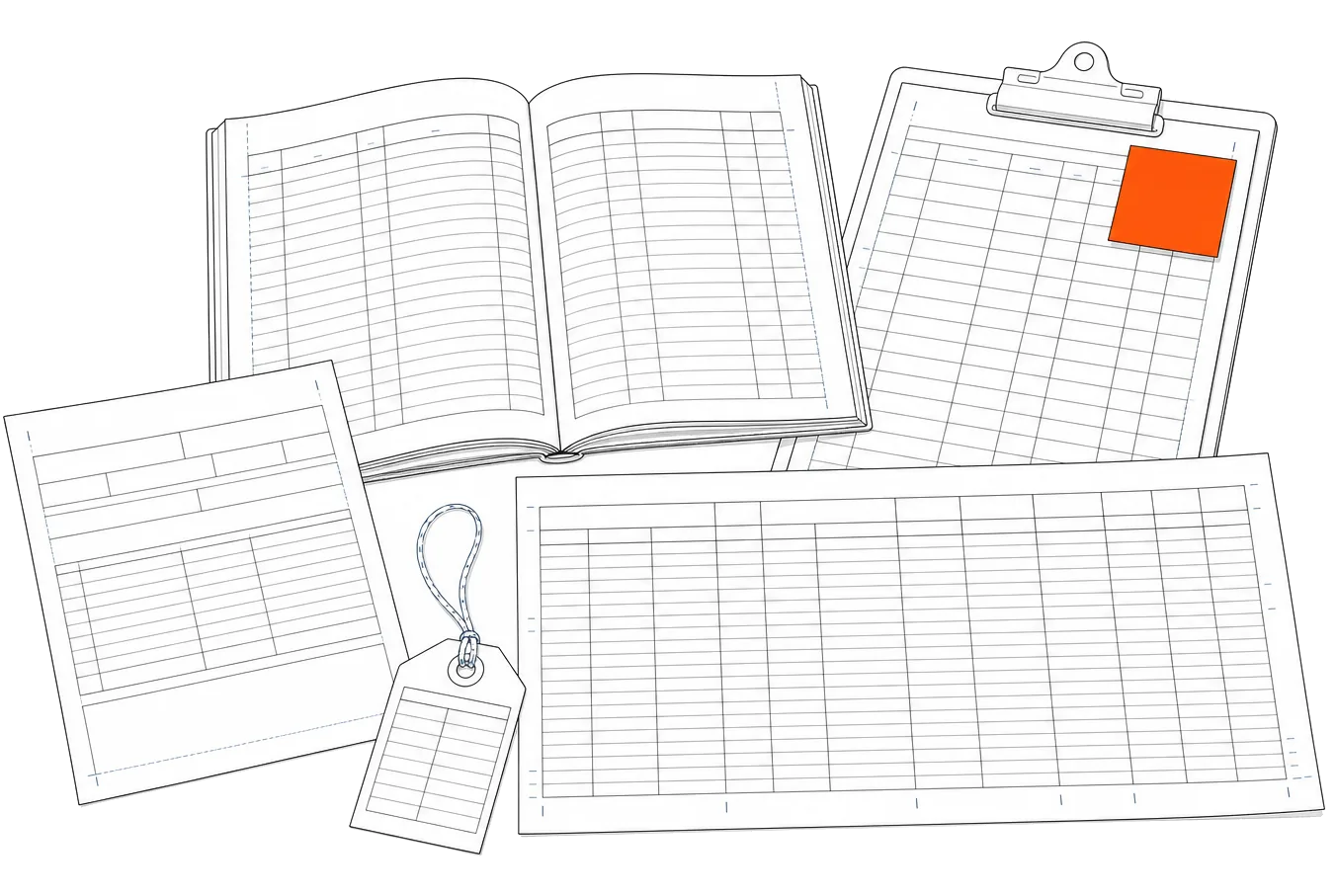 Line drawing of a press diary, shot log and delivery note with a sticky note