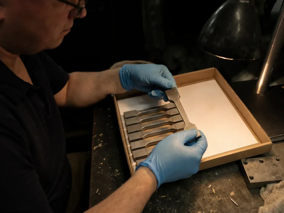 Technician lifting a tensile specimen from a sample box at a lab bench