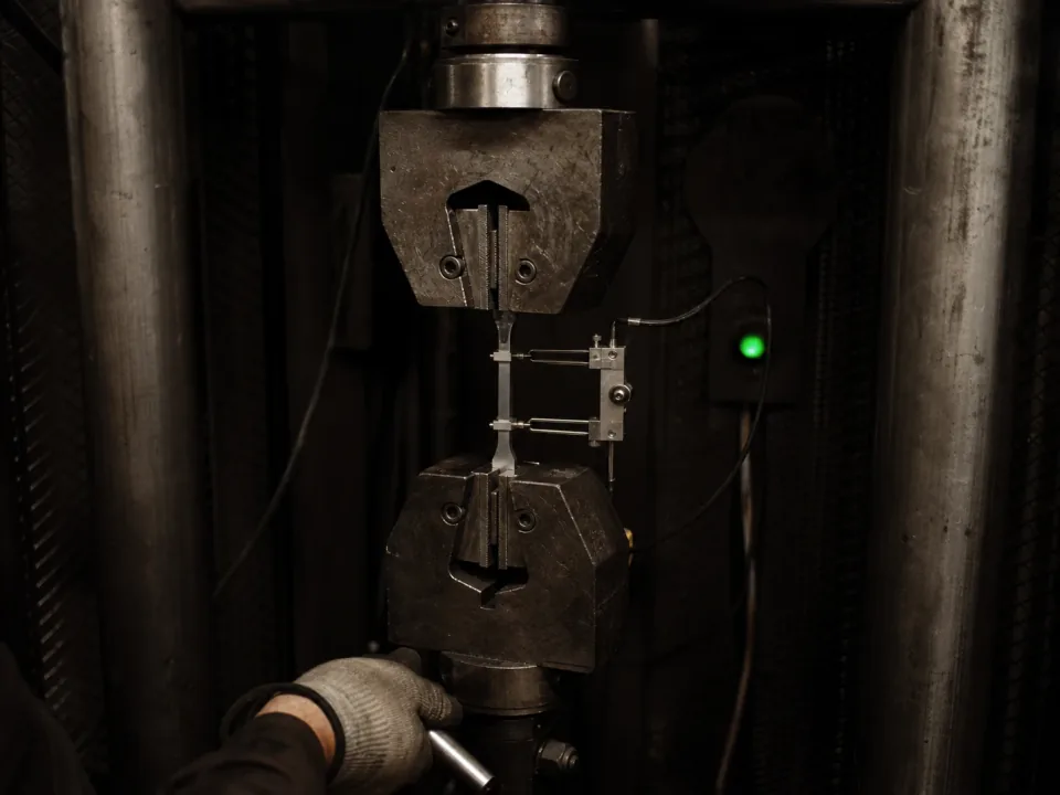 Tensile specimen clamped in the grips of a universal testing machine