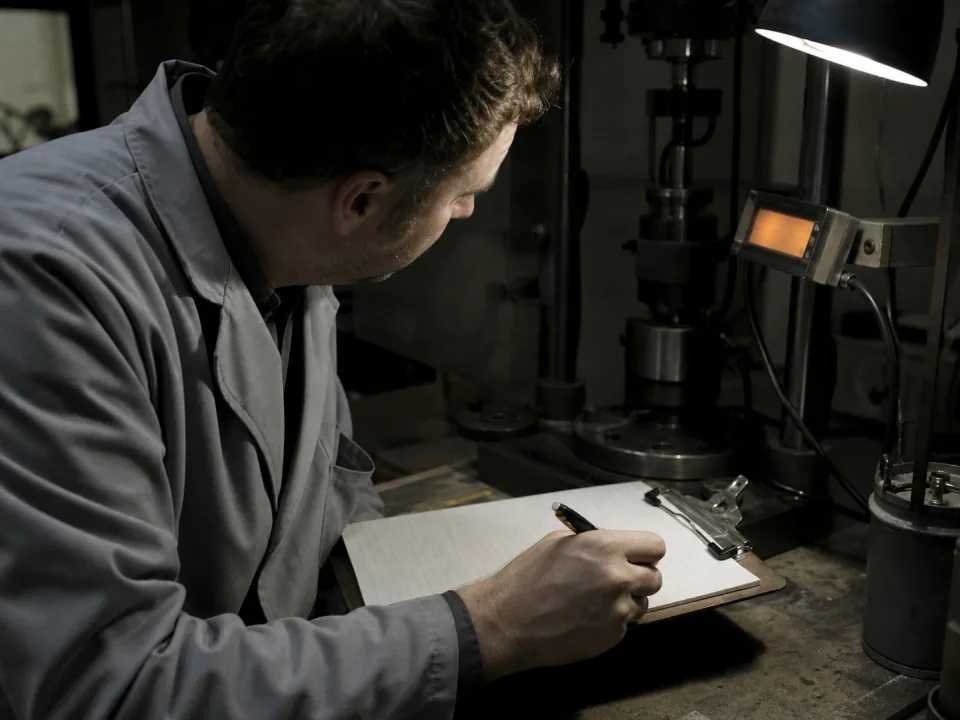 Technician writing a reading from a fatigue rig onto a clipboard