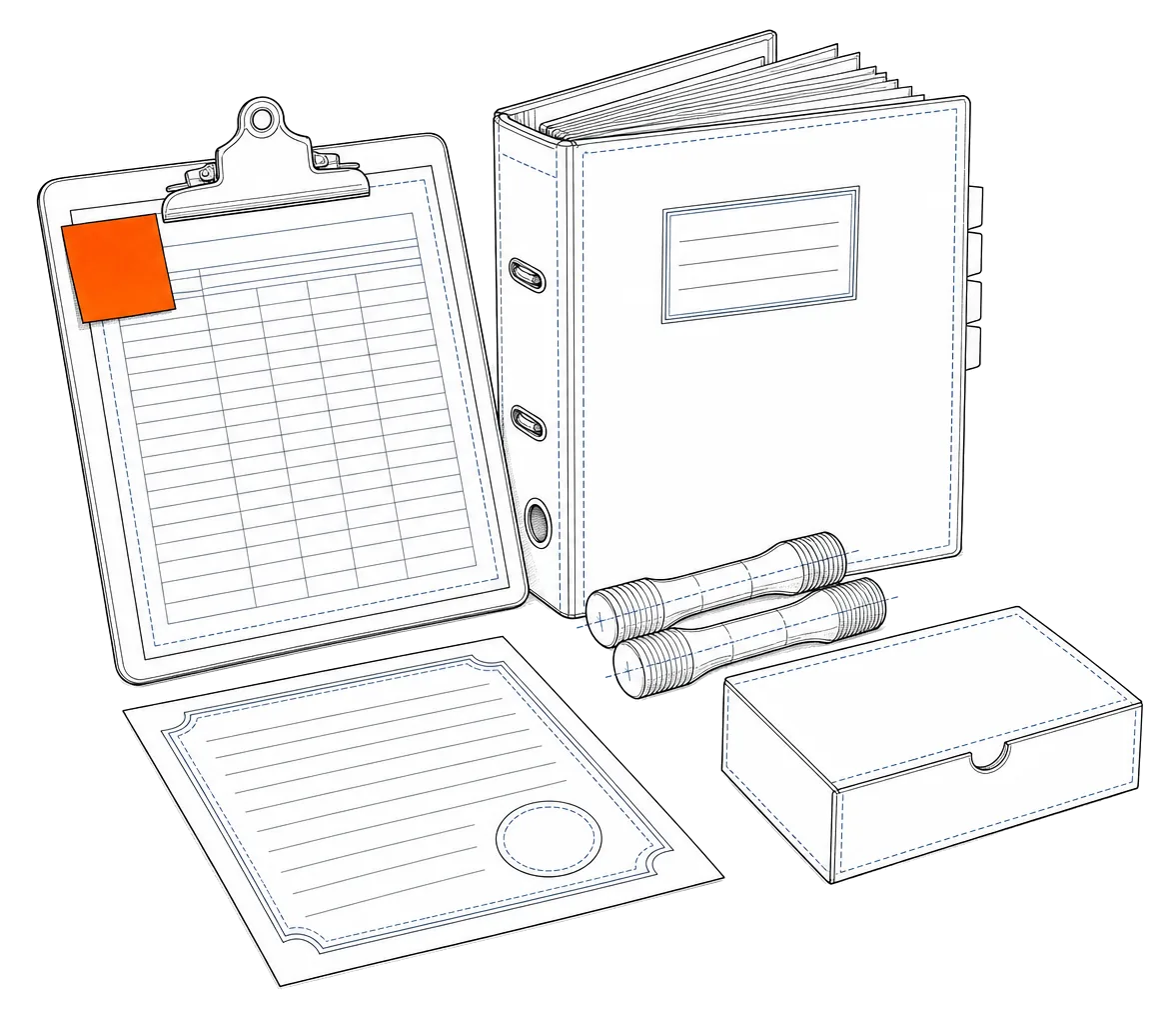 Line drawing of a results clipboard, calibration binder, certificate and sample box