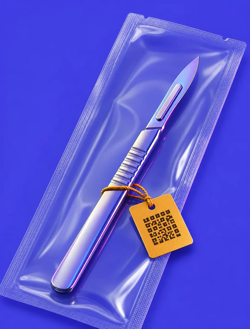 Cobalt 3D render of a single-use surgical instrument with a lot tag