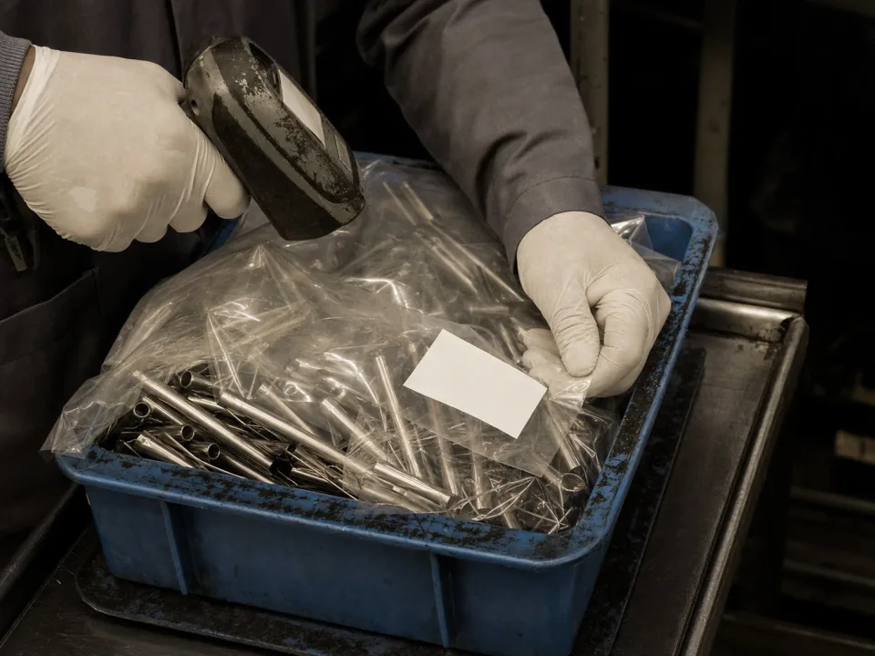 Gloved hands scanning a labelled tray of components at goods-in