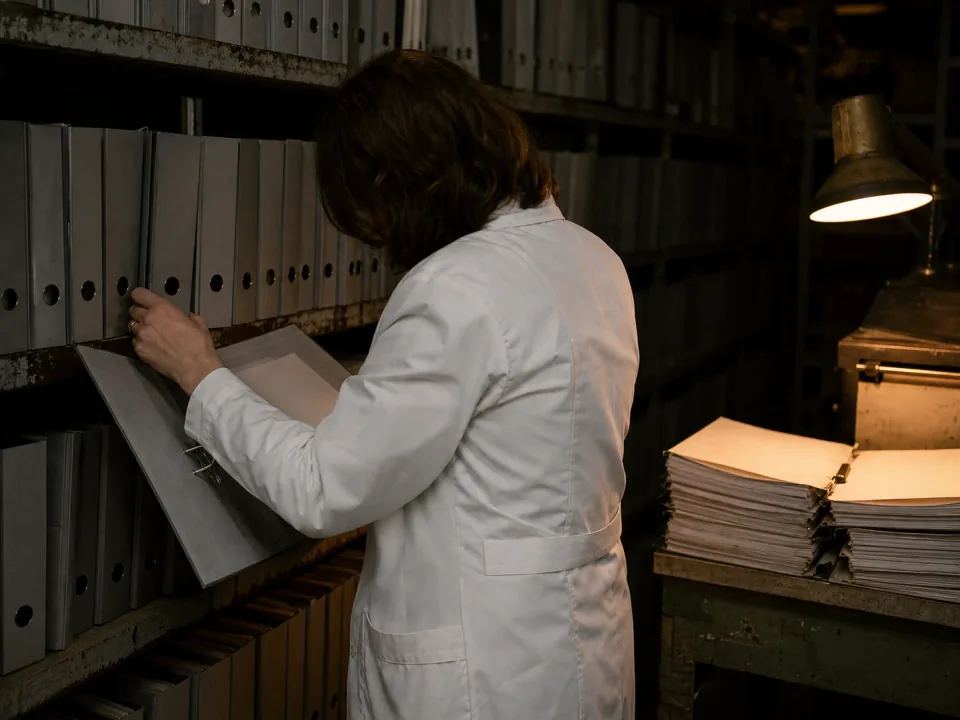 QA reviewer working through lever-arch files of batch records