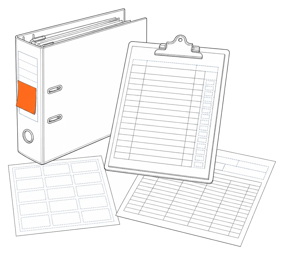 Illustration of a device batch folder with travellers, lot labels and sign-off sheets