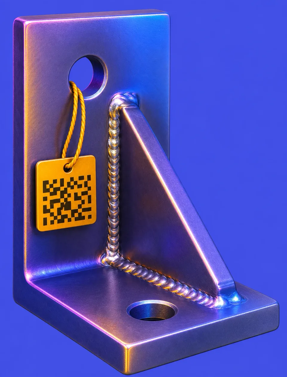 Cobalt 3D render of a welded steel bracket with a heat-number tag