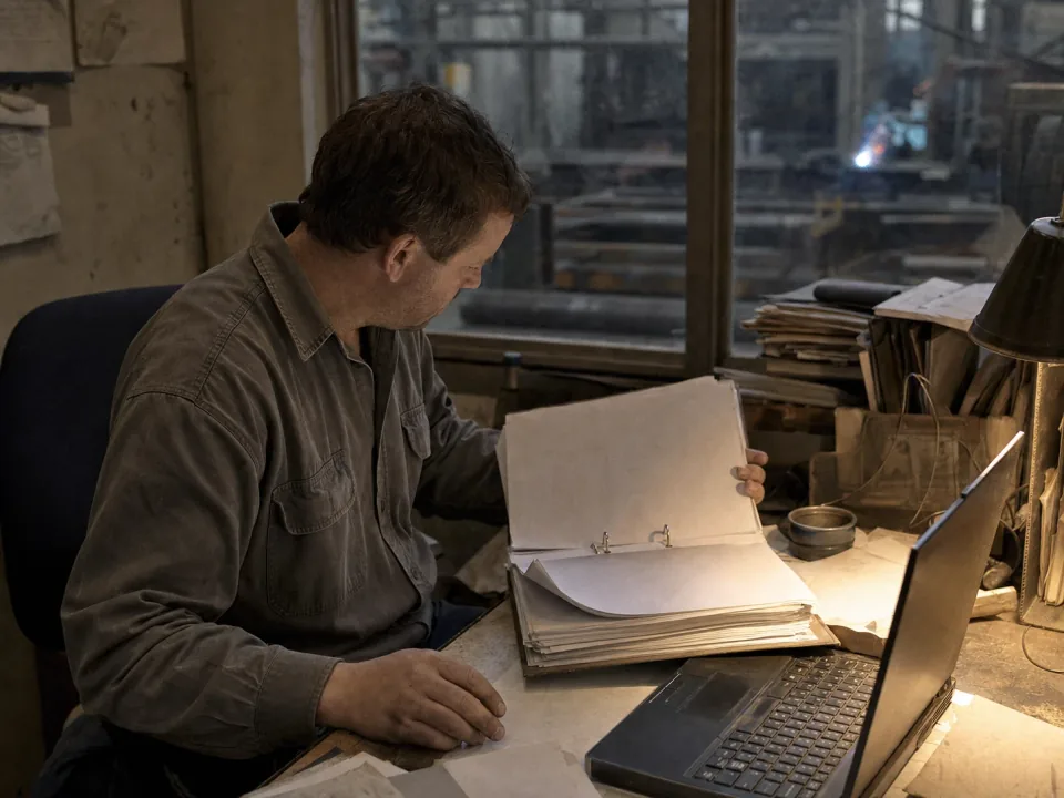 Quality engineer at a desk of mill certs and binders overlooking the fab shop