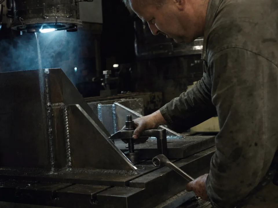 Welded steel assembly clamped on a machining table for a finishing cut