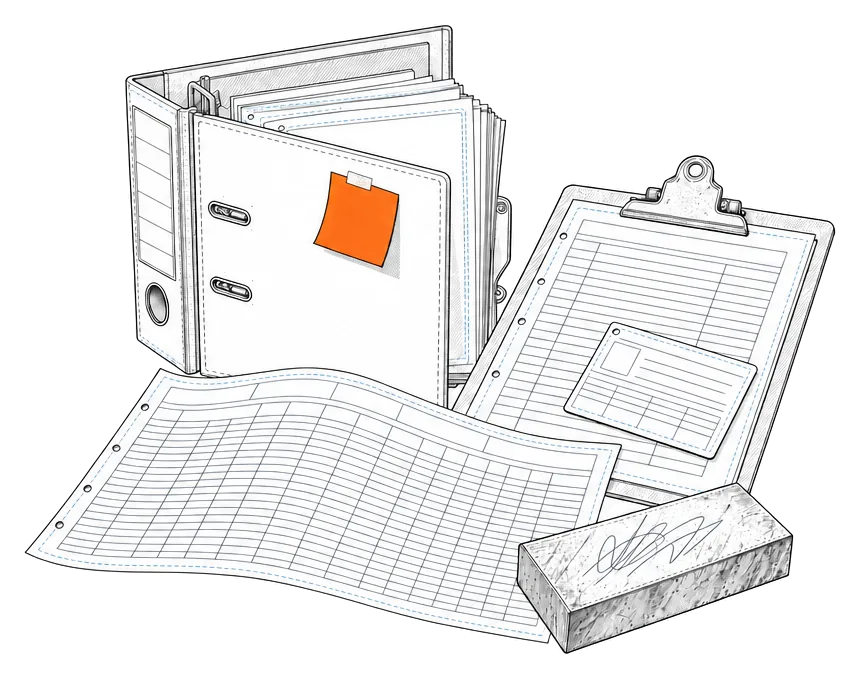 Illustration of a fabricator's paperwork: mill certs in a lever-arch, a weld traveller, welder tickets and a sticky note