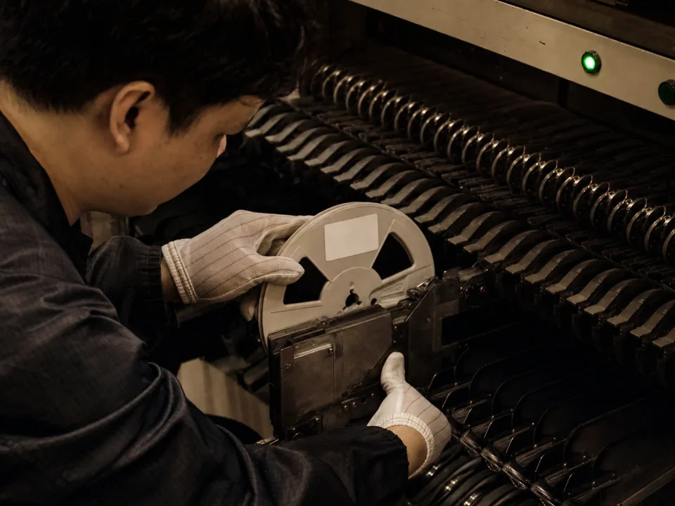 Operator loading a component reel onto a pick-and-place feeder bank