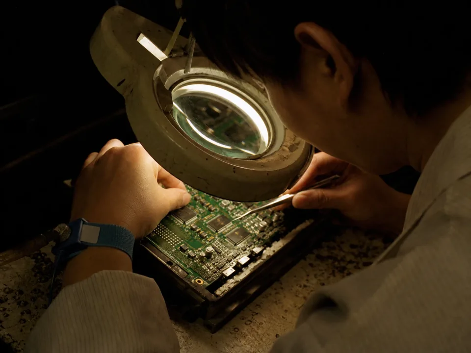 Inspector examining an assembled circuit board under a bench magnifier