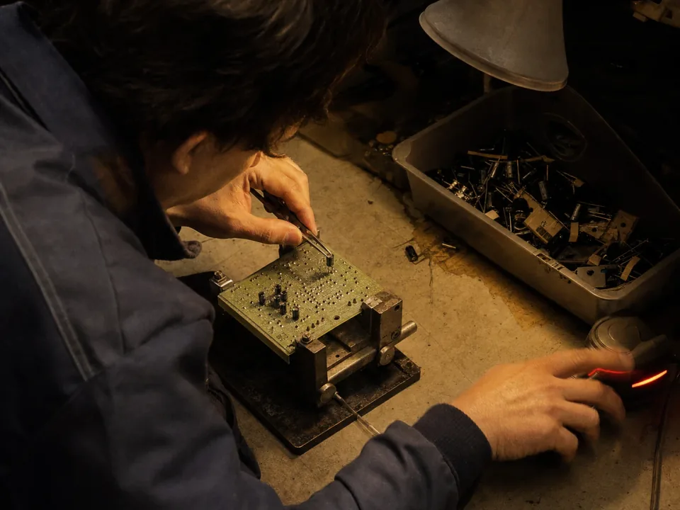 Operator hand-placing components at a bench beside a barcode scanner