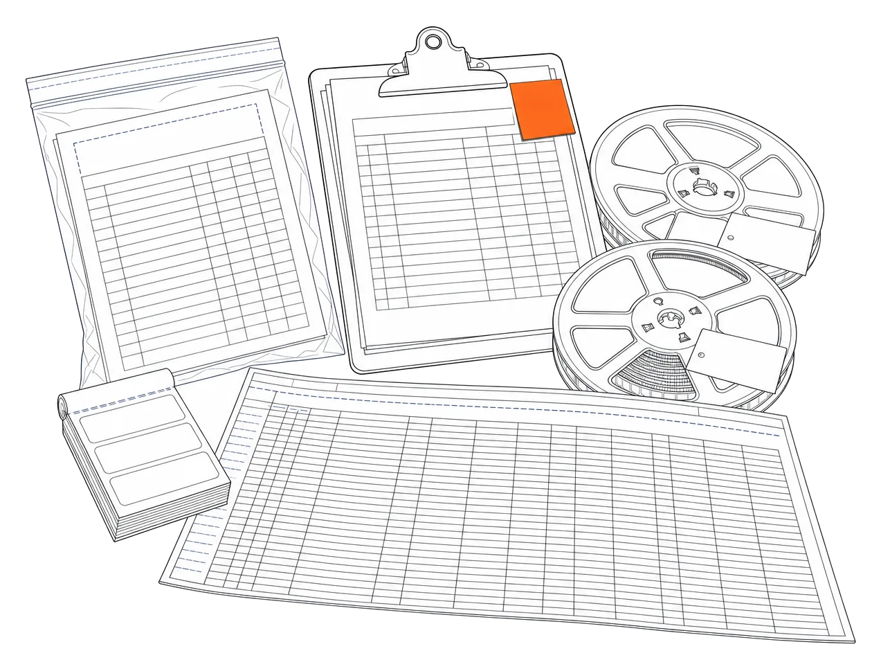 Illustration of a paper traveller, kit list and reel labels on an assembly bench