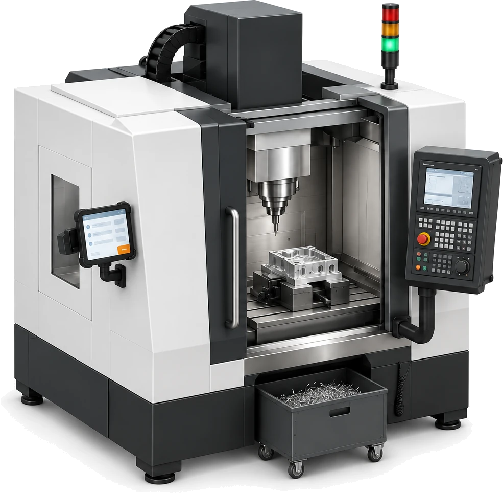 A CNC machining centre with its door open on a part in the vise, and an operator tablet running Bulk mounted on its side panel.