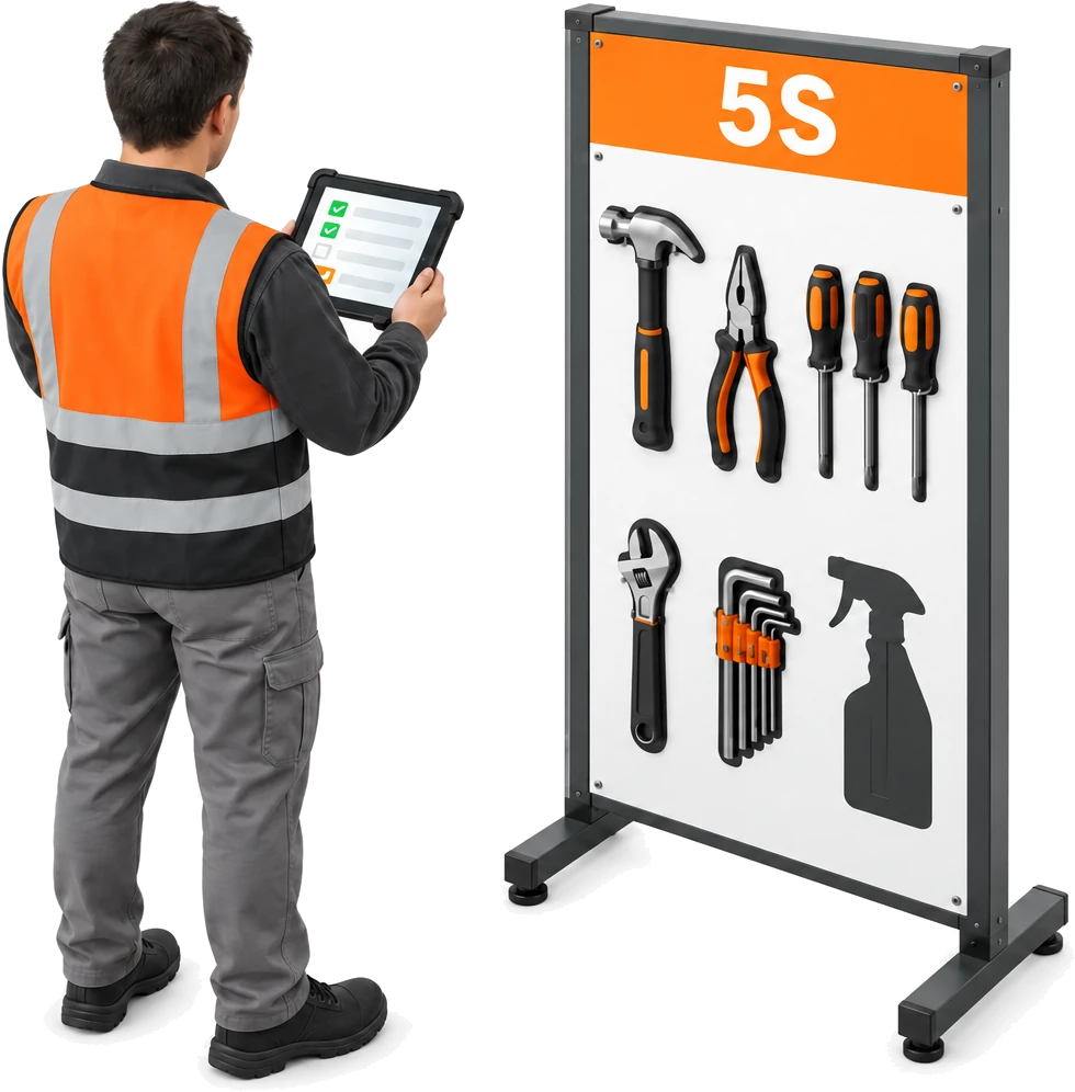 An auditor in a hi-vis vest, seen from behind, holding a tablet with a checklist in front of a tall shadow board under an orange 5S header, with tools hung in their outlines.