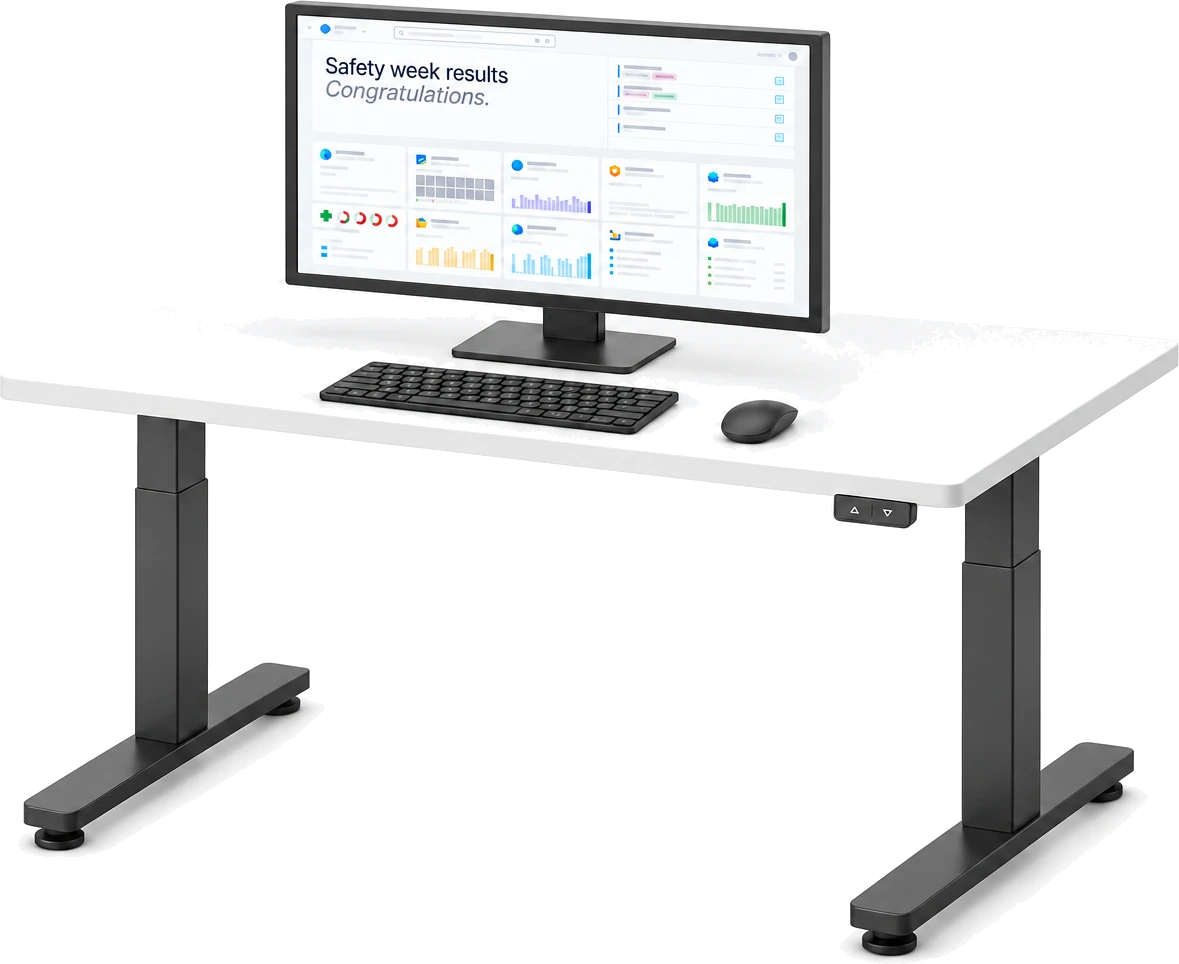 A height-adjustable desk with a monitor showing the Bulk Home screen: a news post and archive at the top, and a grid of live app tiles below.