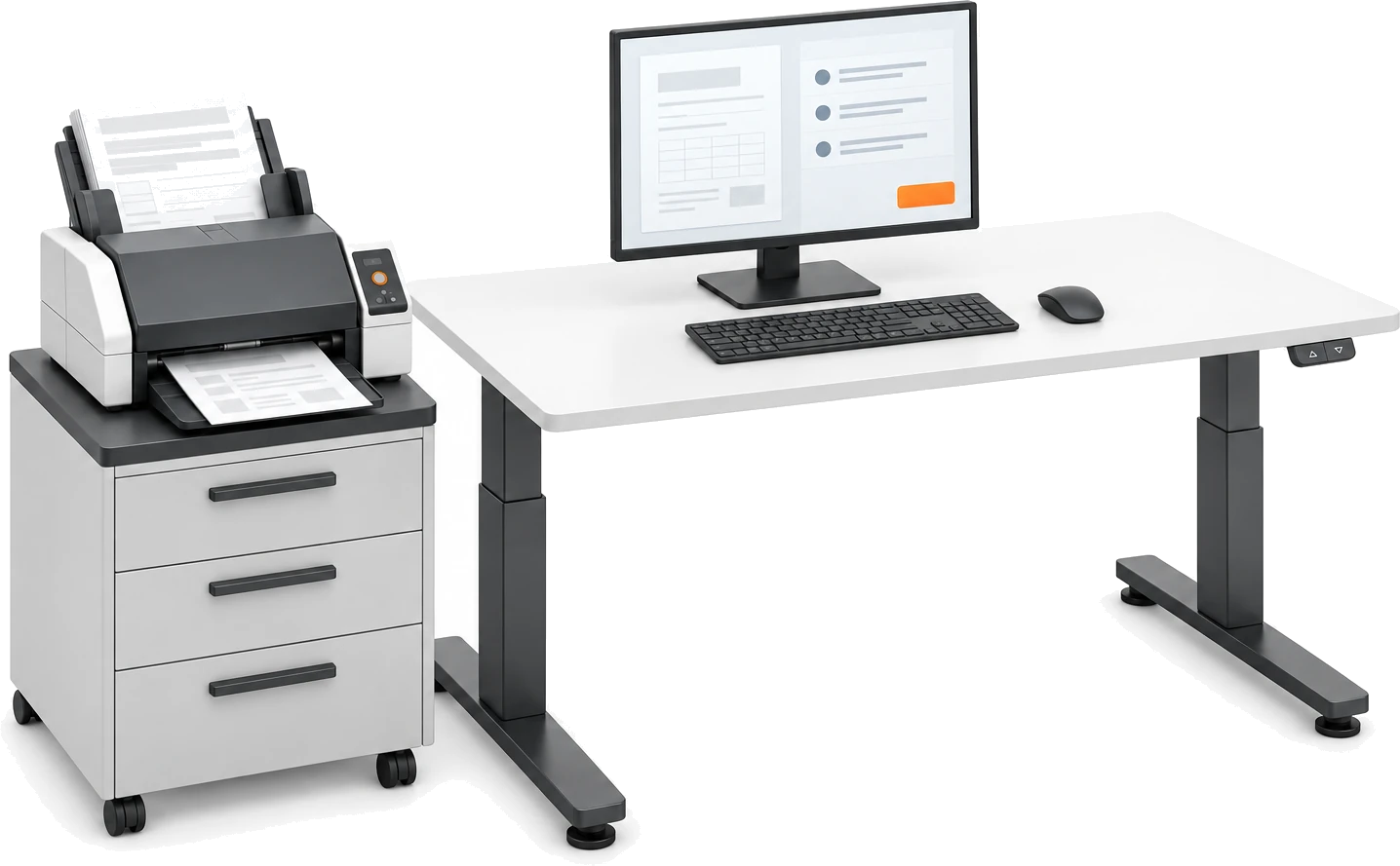 A document scanner on a drawer pedestal feeding a customer purchase order, beside a height-adjustable desk whose monitor shows Bulk matching the document to its order lines.