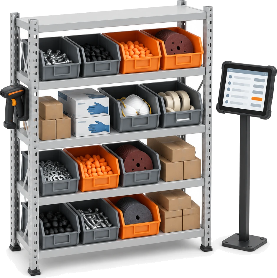 A bay of stores shelving with picking bins of consumables and a barcode scanner, beside a tablet showing stock levels.