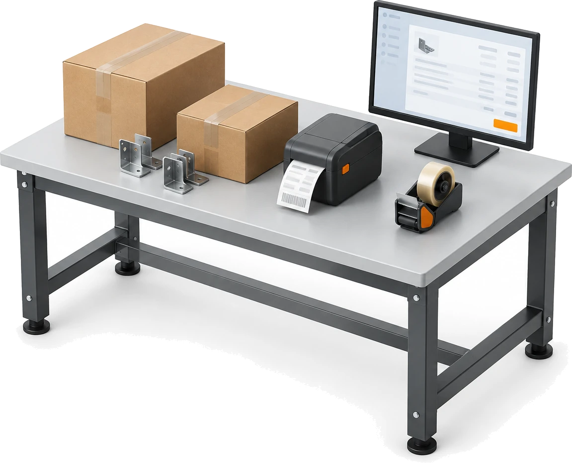 A dispatch bench with packed boxes and a label printer, and a monitor showing an invoice drawn from the job.