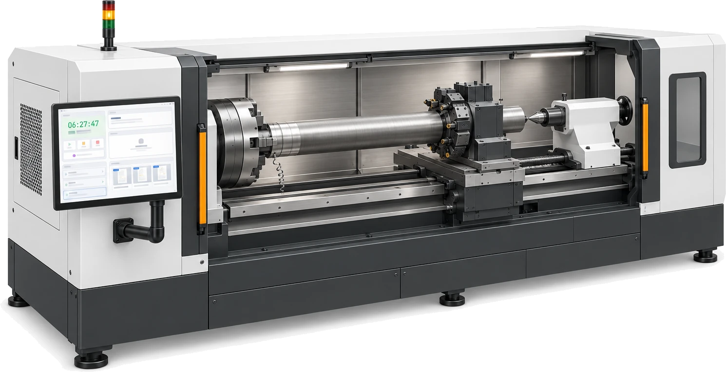 A long CNC lathe turning a titanium billet between chuck and tailstock, its amber stack light lit, with a tablet on its headstock showing the running job timer.