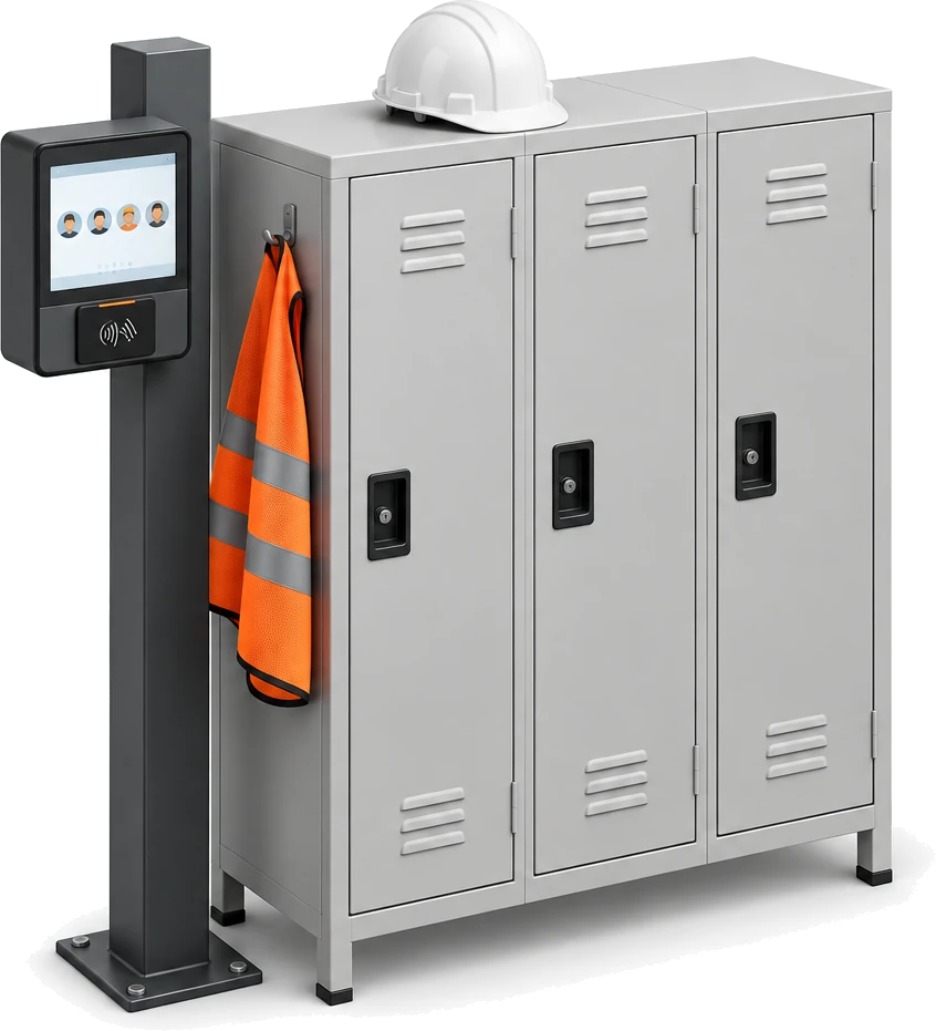 A shift sign-in point: a time clock terminal with a badge reader on a post, beside a row of lockers with a hard hat and hi-vis vest.