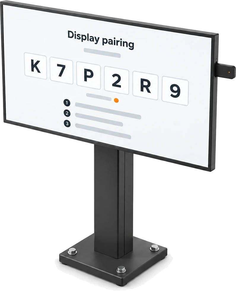 A wall TV on a freestanding display post with a streaming stick, showing the Display pairing screen and its six-character code, ready to be claimed in Bulk.