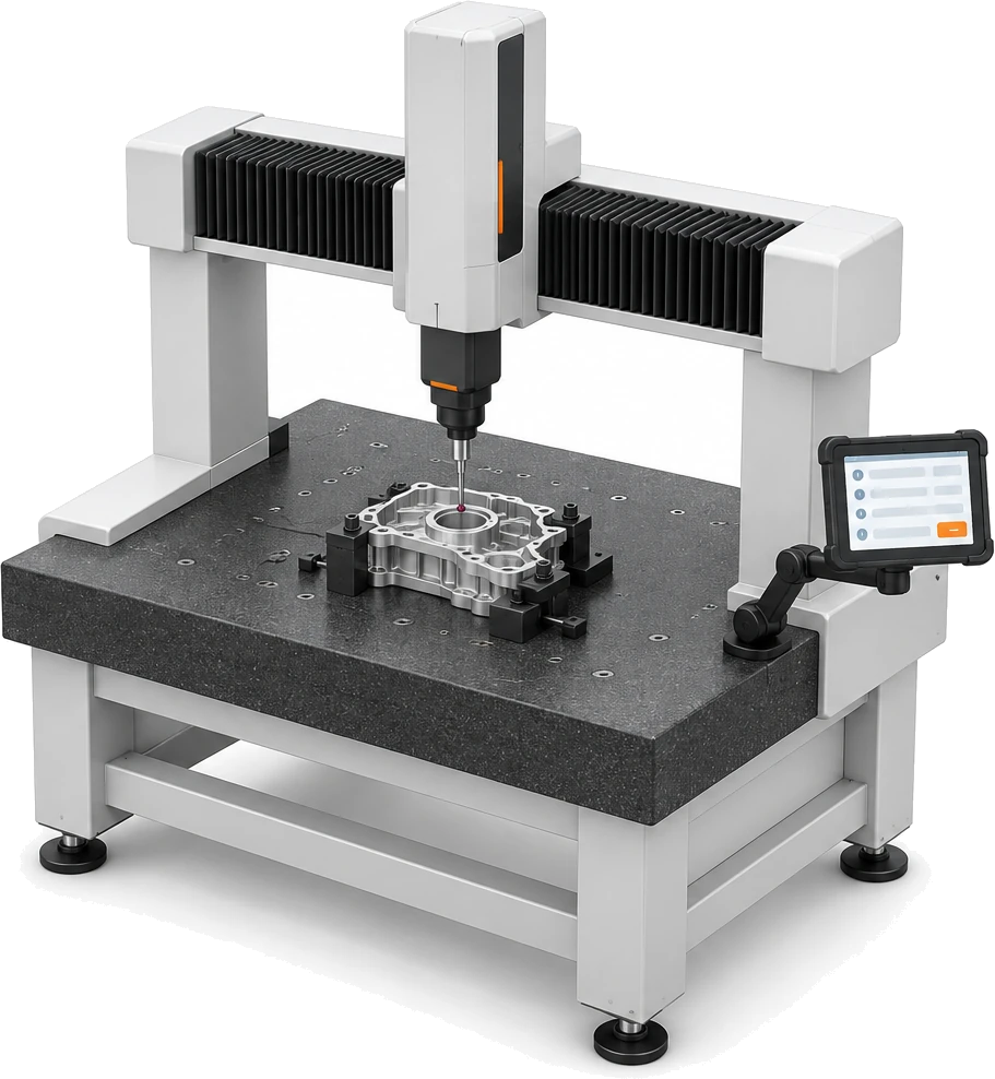 A coordinate measuring machine probing a machined part, with a tablet on an arm beside it where the operator reads the job.