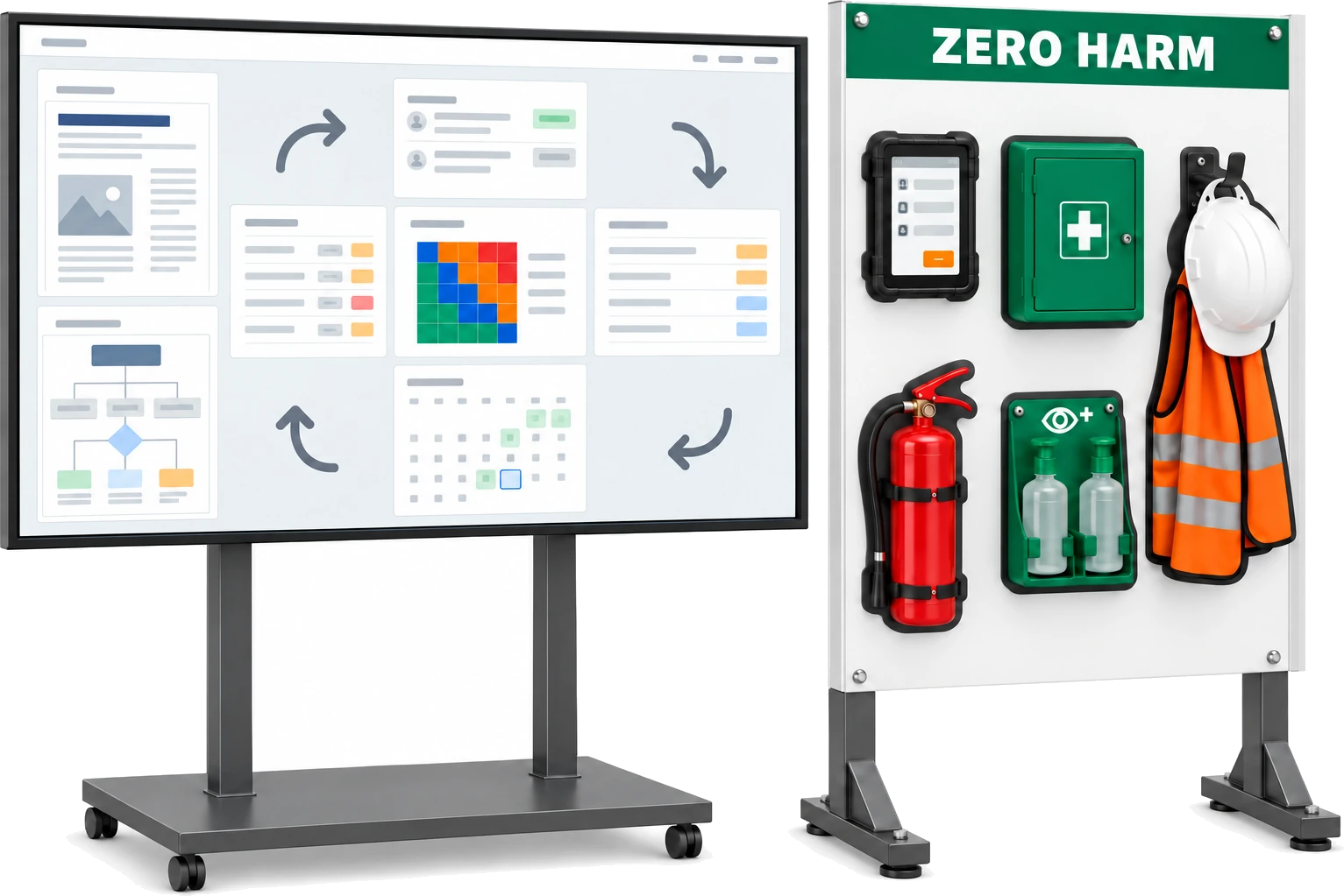 A touchscreen TV on a mobile stand showing the Zero Harm board of incidents, actions, a risk matrix and a review calendar, beside a Zero Harm safety shadow board holding a fire extinguisher, first-aid cabinet, eyewash station, hard hat, hi-vis vest and a tablet, each in its own outline.