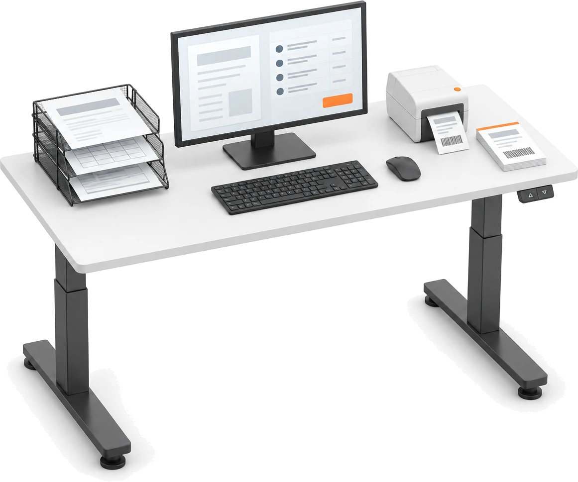 An order desk: a wire tray of customer purchase orders in different layouts, a monitor showing a document beside its matched order lines, and a label printer feeding out a job traveller with a barcode.