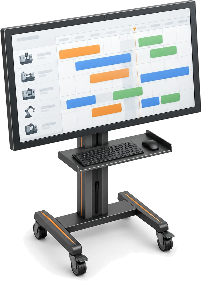 A planner's display on a rolling stand, showing machine rows with job bars laid along a timeline.