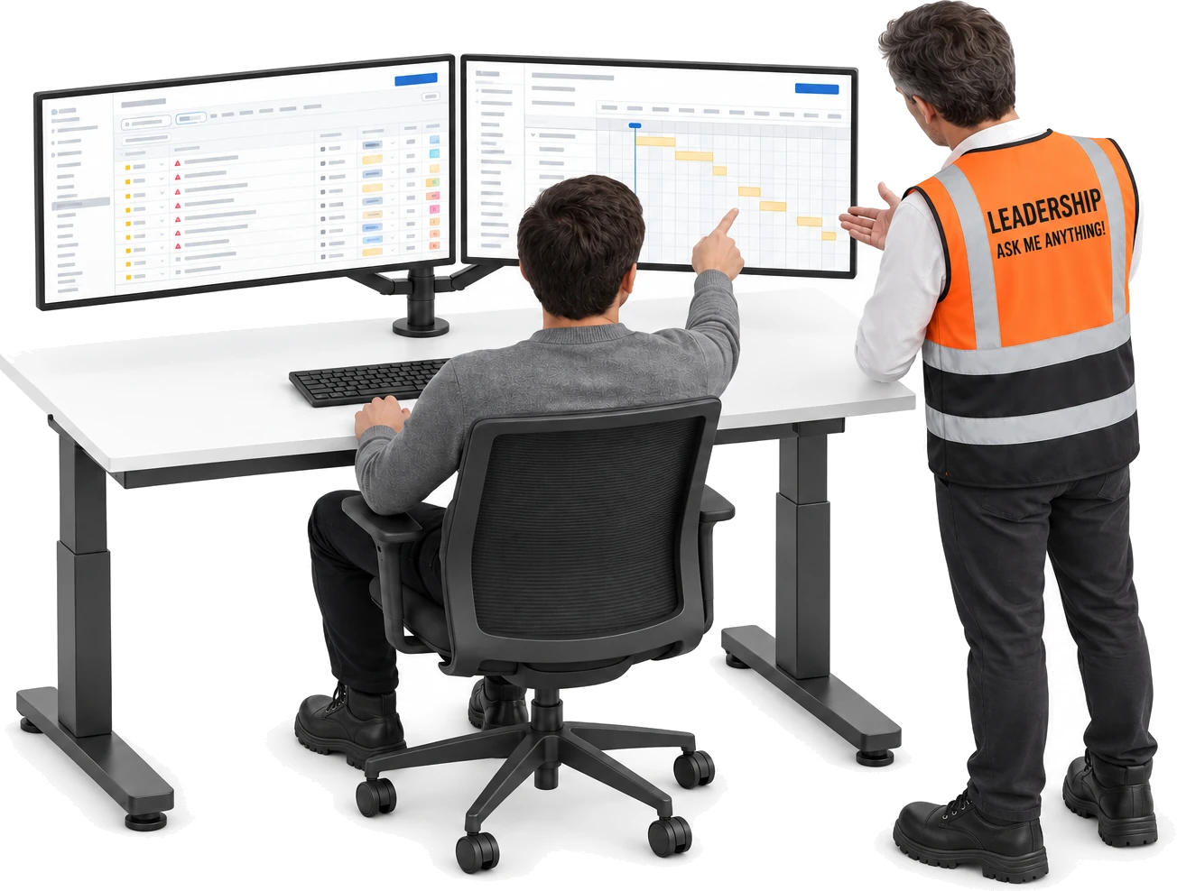 Two people at a desk with two monitors, one showing a task list and the other a project Gantt chart: one sits pointing at the plan while a manager in a hi-vis vest printed Leadership, Ask me anything! stands beside them talking it through.