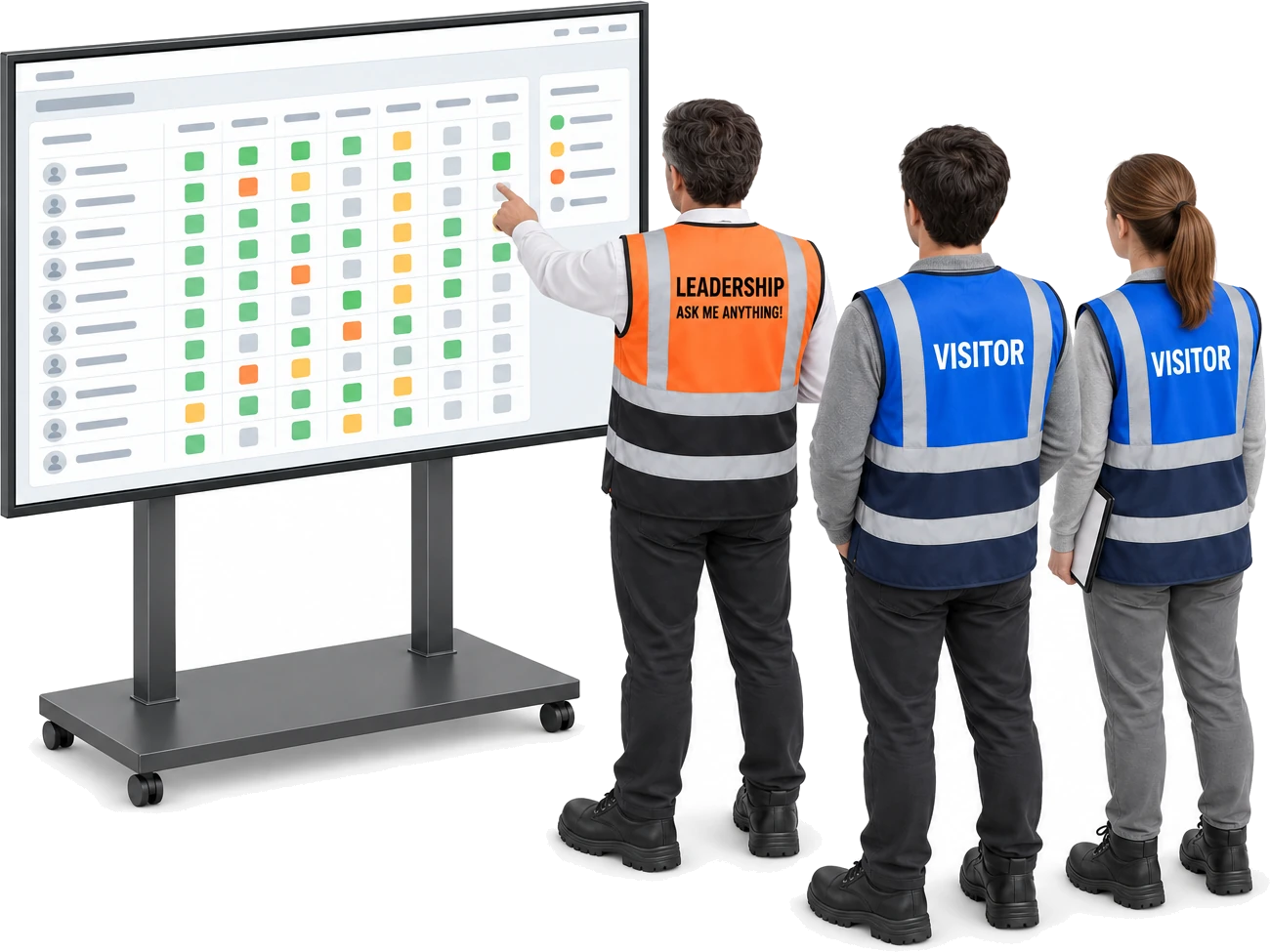 A manager in a Leadership hi-vis vest pointing at a touchscreen showing the team versatility matrix, while two visiting auditors in blue Visitor vests review it.