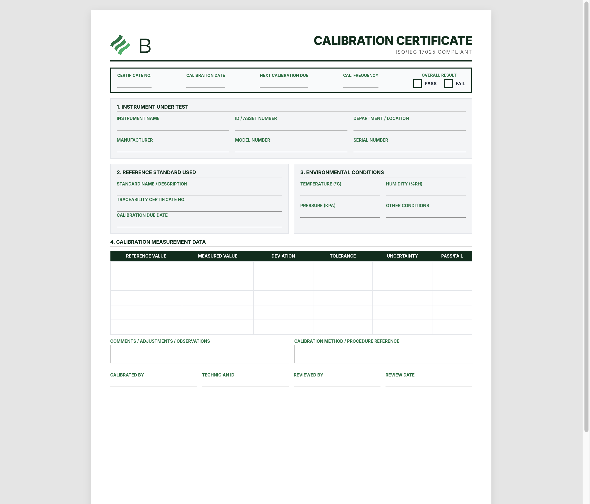 Equipment Calibration Record Preview