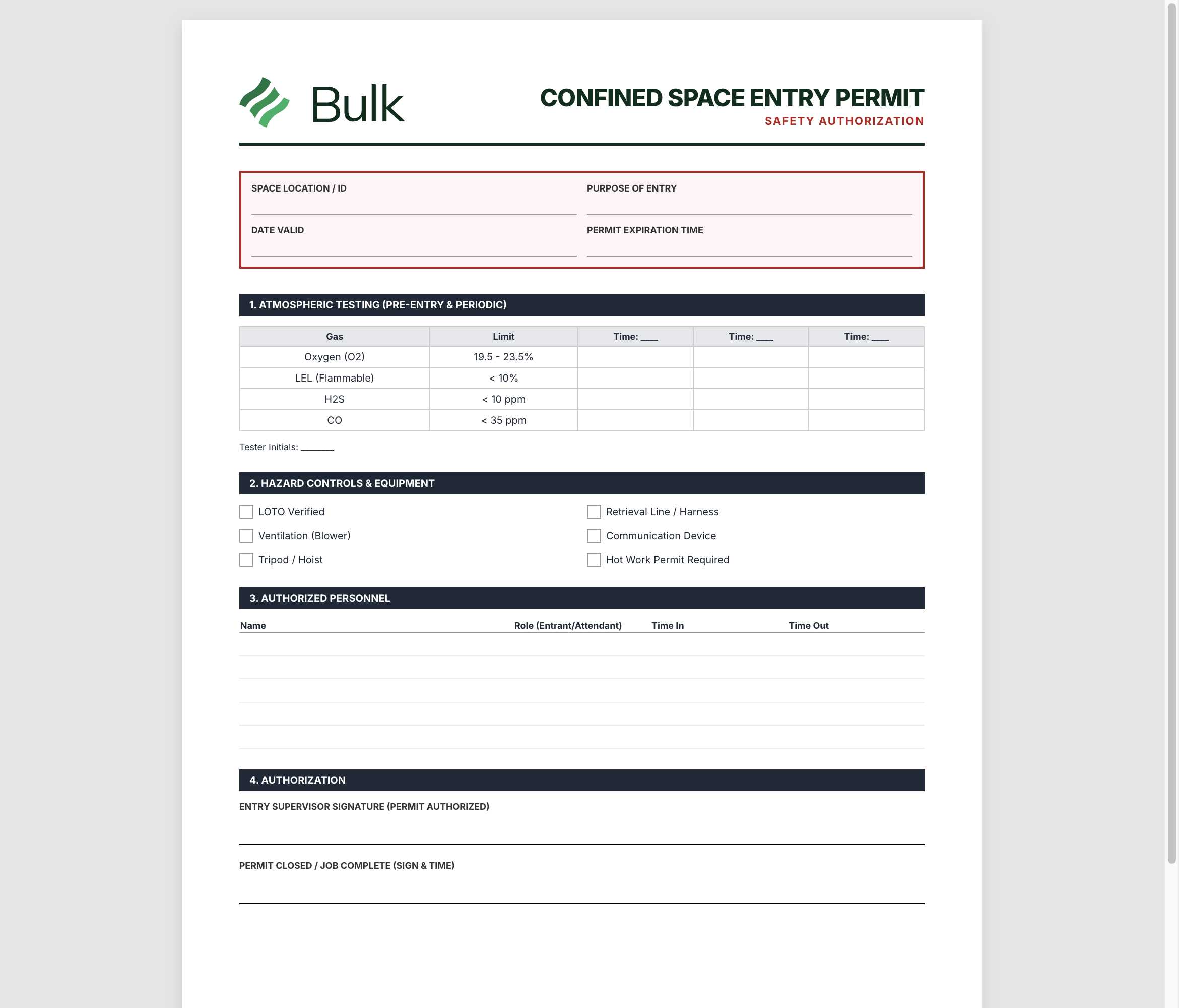 Confined Space Entry Permit Preview