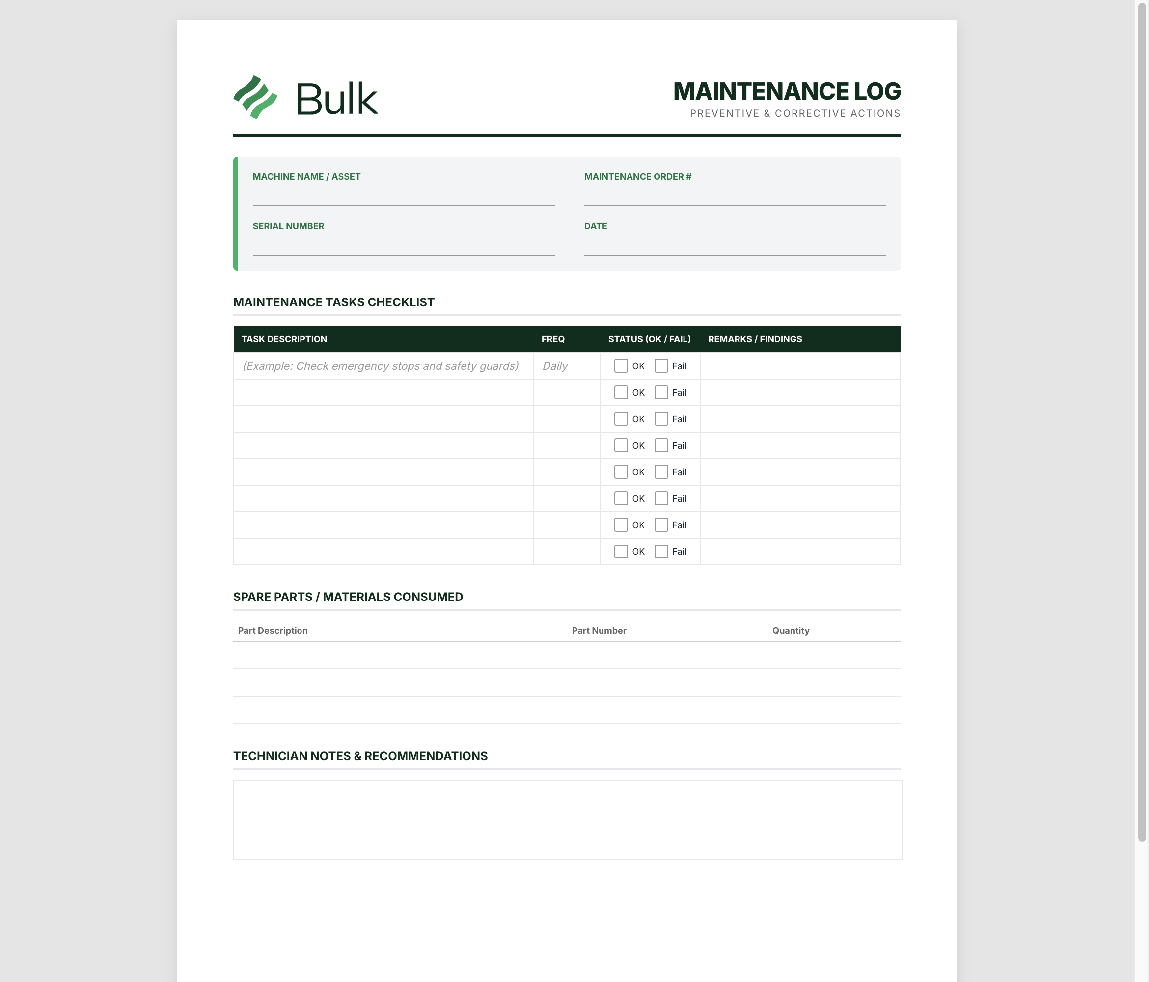 Equipment Maintenance Log Preview