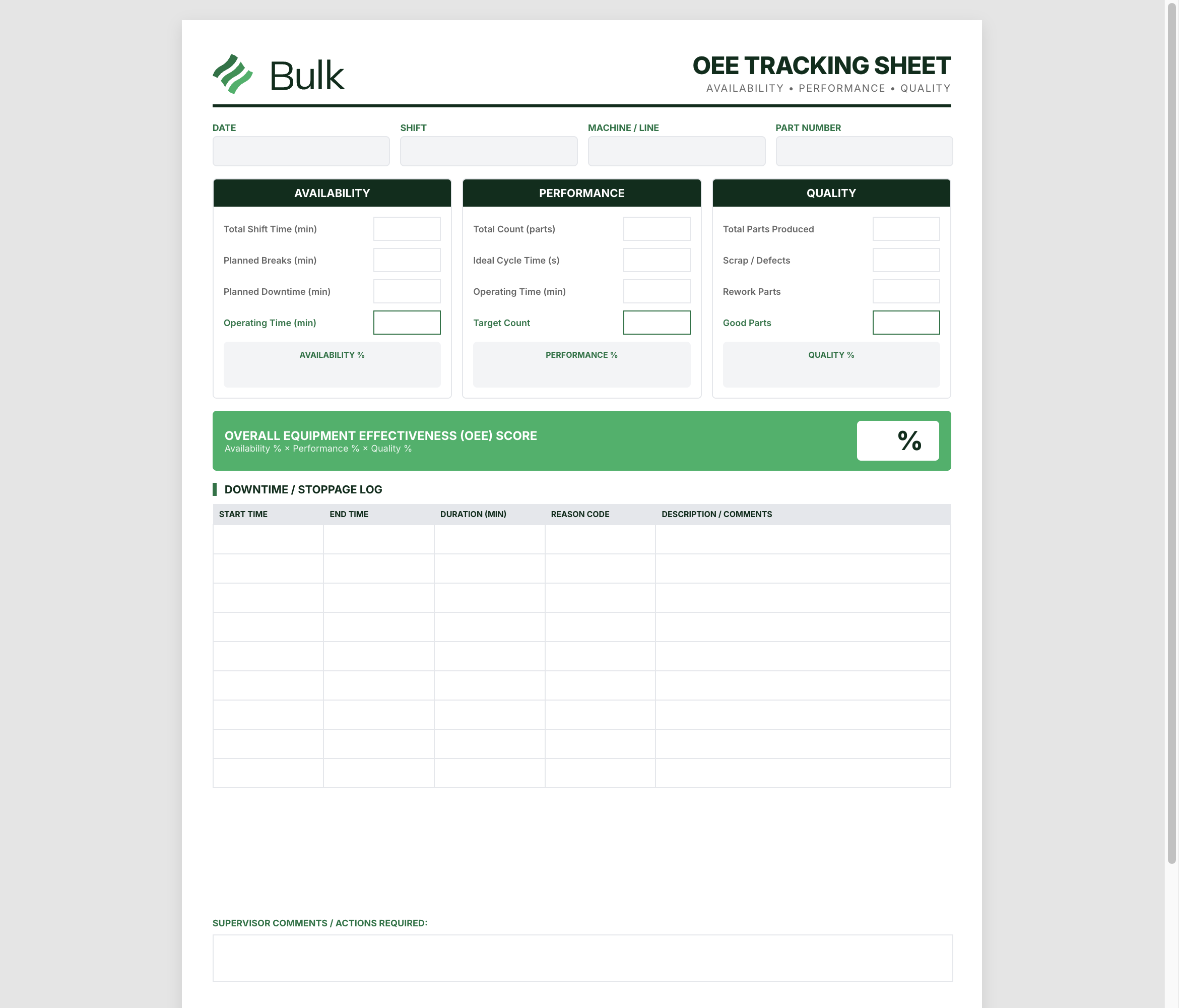 OEE Tracking Sheet (Overall Equipment Effectiveness) Preview