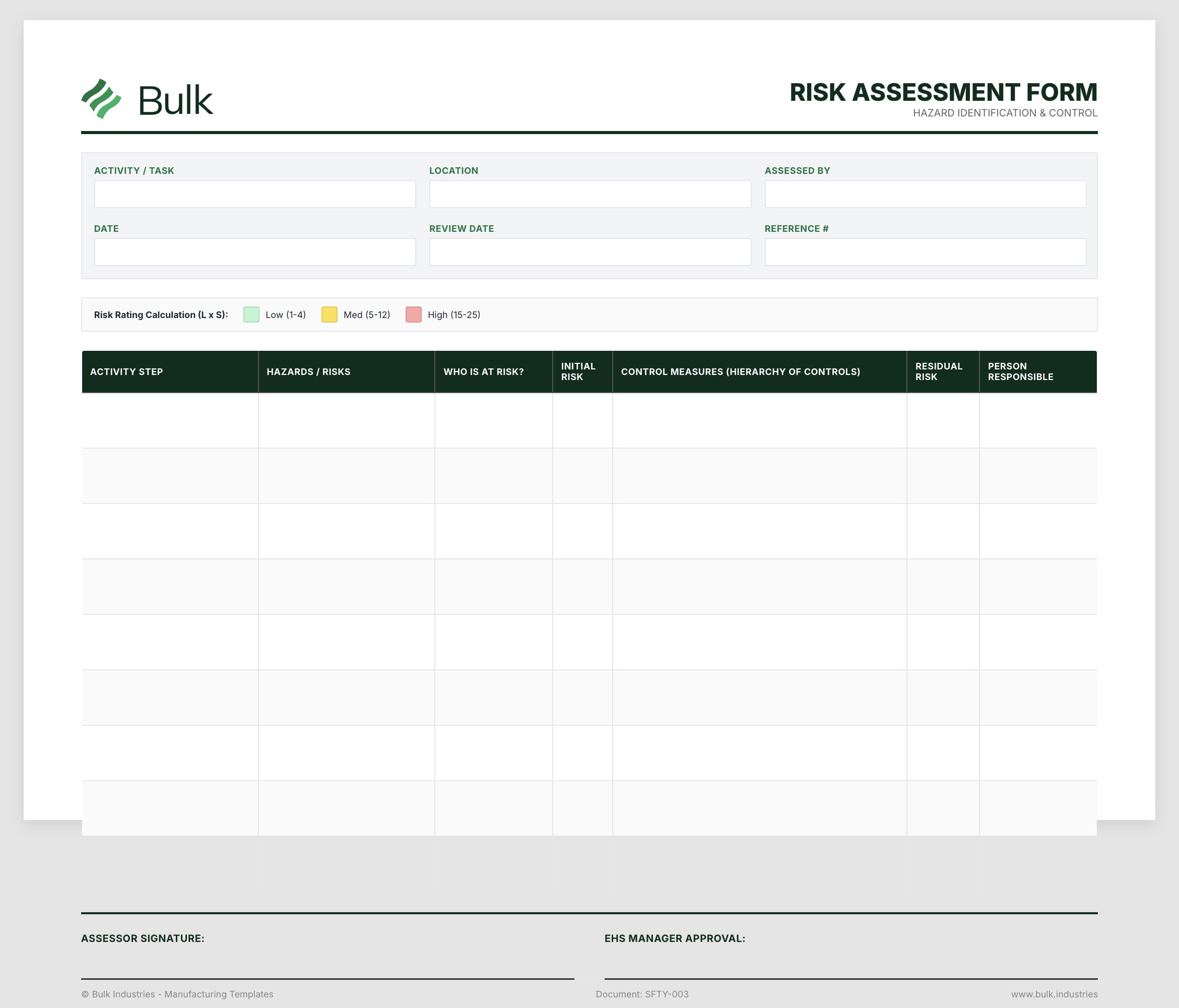 Risk Assessment Form Preview