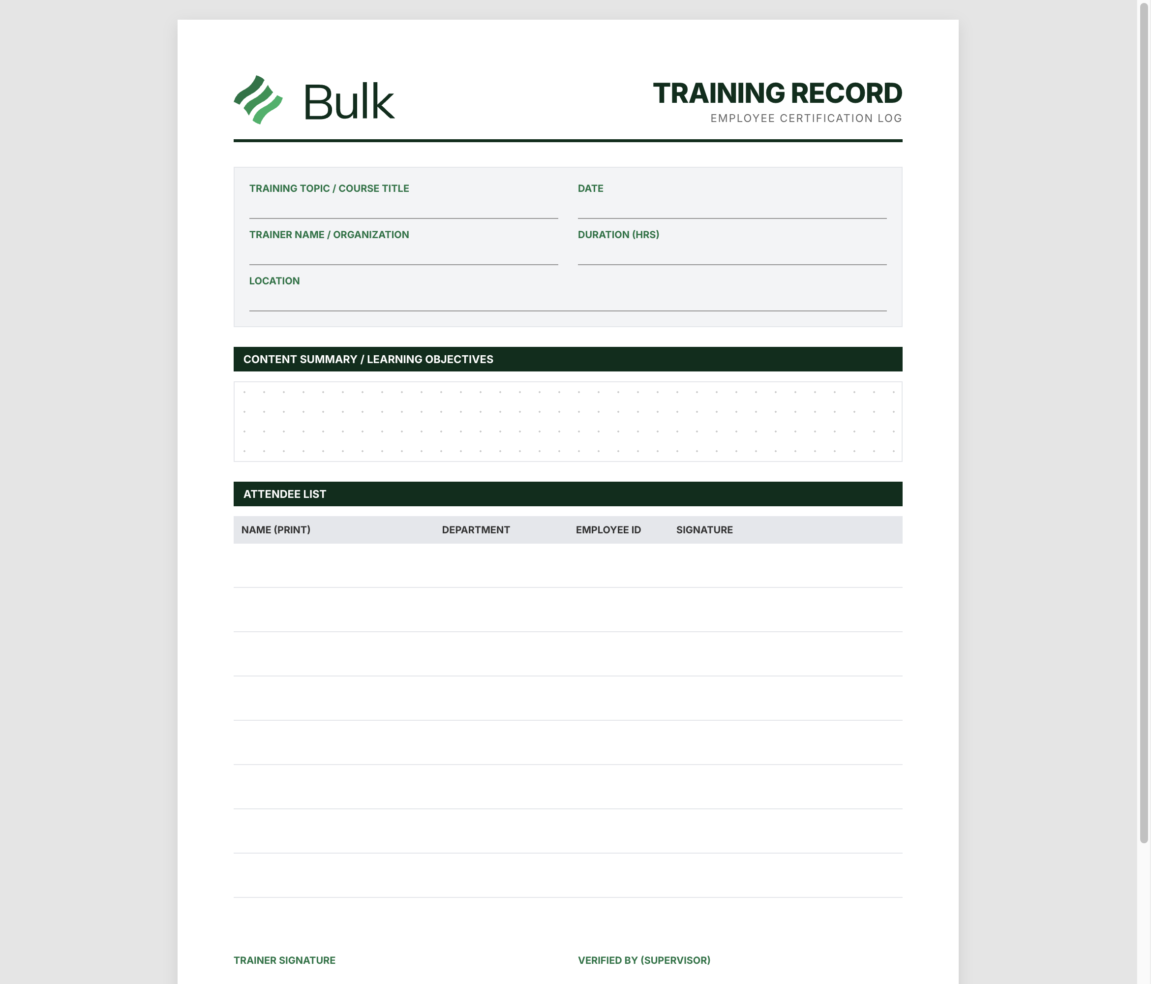 Safety Training Record Preview